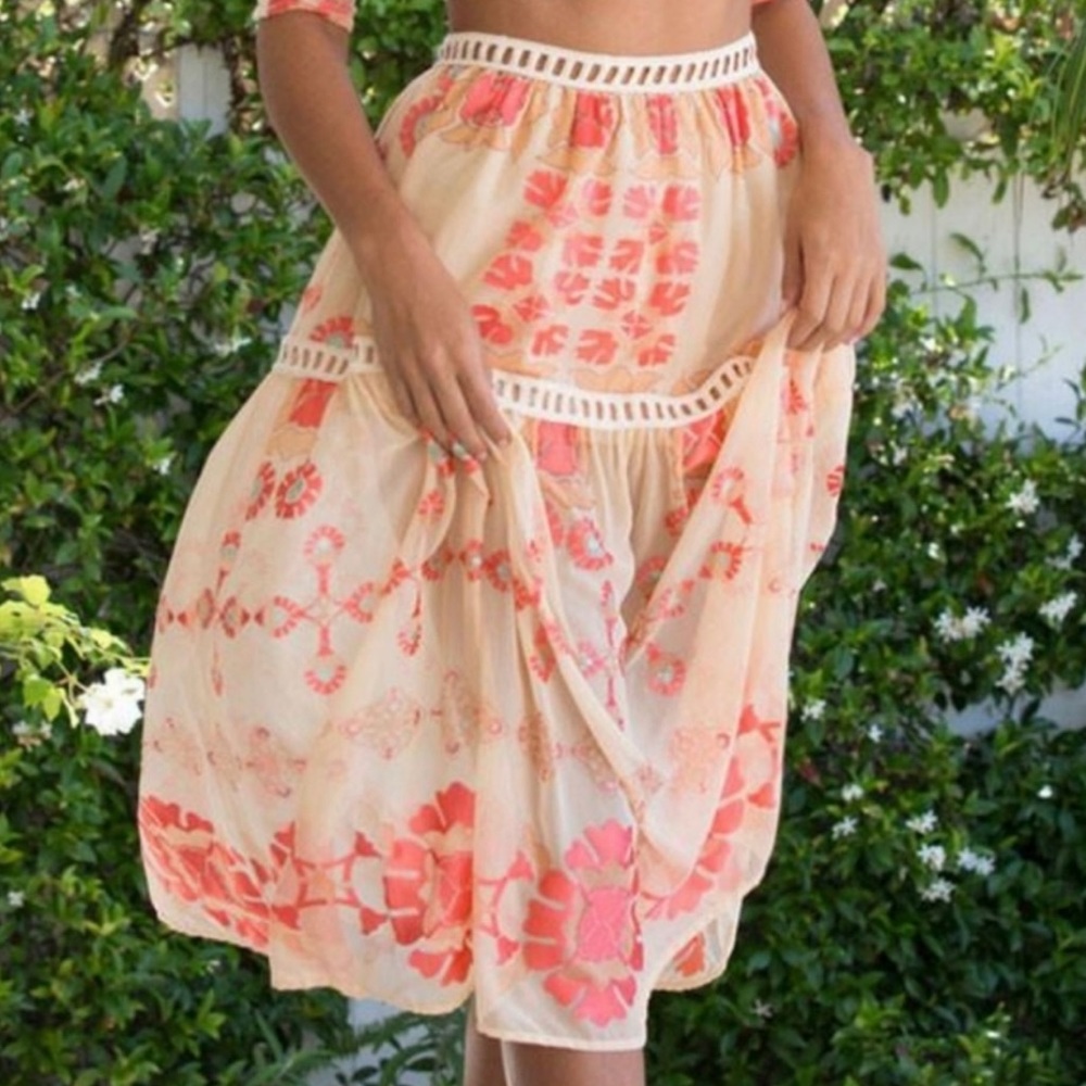 For Love And Lemons Orange Pink Flutter Sleeve Midi Skirt Set - Picture 4 of 7